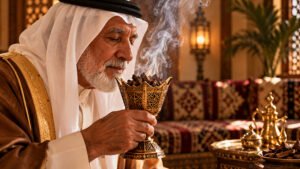 رجل عربي مسن يشم رائحة العود من مبخر في الكويت