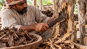 قطع بخور العود الطبيعي على مبخرة تقليدية لمعرفة جودة العود